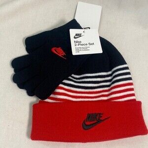 new NIKE knit beanie hat set black gloves boys stripes gorp outdoor winter